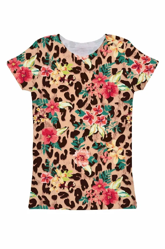 Wild & Free Zoe Floral Leopard Print Designer Tee - Women Satin Blend Silk Blend Wool Blend
