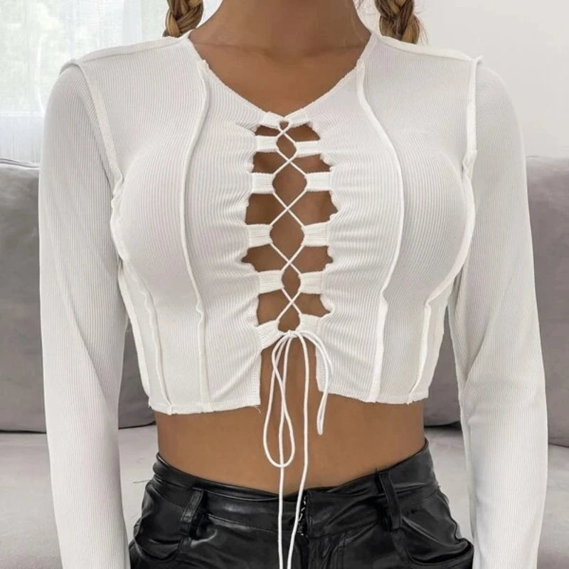Women Cross Bandage Hollow Out Slim T-Shirt Chenille Fabric Brocade Fabric Lace Fabric
