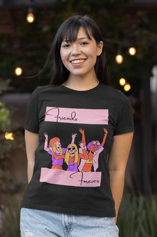 Women Round Neck Black T Shirt Friends Forever Cozy Warm Stylish