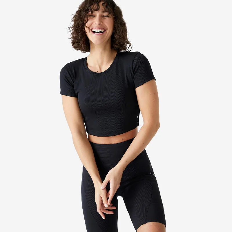 Women's Fitness Cardio Short-Sleeved Cropped T-Shirt - Black Striped Floral Plaid