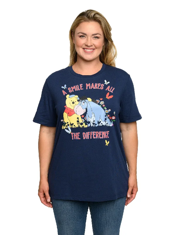 Women's Plus Size Disney Winnie The Pooh & Eeyore T-Shirt Smile Flowers Navy Notch Collar Peter Pan Collar Cowl Neck