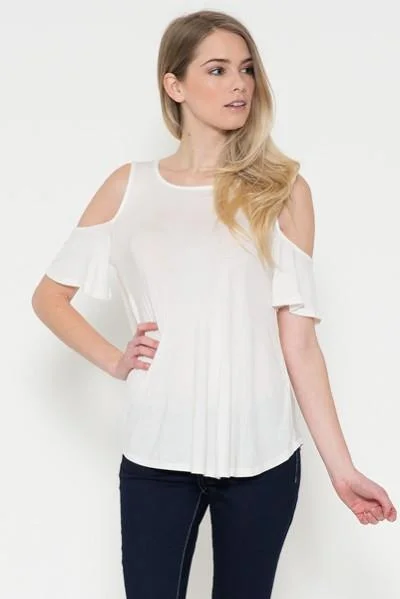 Womens White Cold Shoulder Top | Short Sleeve Open Shoulder Shirt Silk Blend Satin Velvet