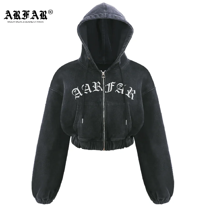 100% Cotton Acid Washed Black Crop Top Zip Up Hoodie Striped Floral Plaid