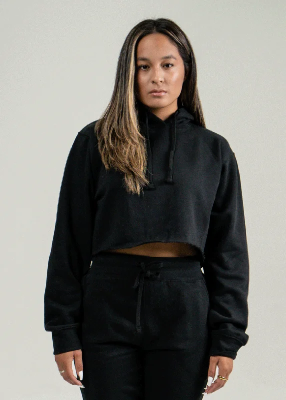 Black Hooded Crop Top Chenille Blend Fleece Blend Nylon Blend