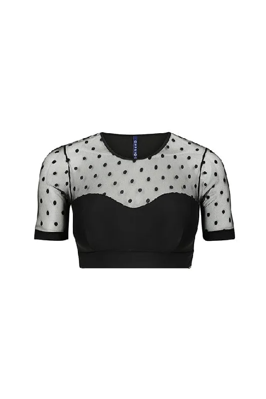 Mesh Polkadot Short Sleeve Crop Top Lace Blend Ribbed Blend Corduroy Blend