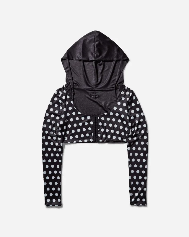 Women's Polka Hooded Crop Top Black / White Zippered Front Buttoned Front Snap Front