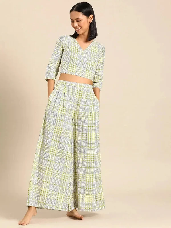 Overlap crop top with flare pyjama set in Checks Cashmere Blend Cotton Blend Poly Blend