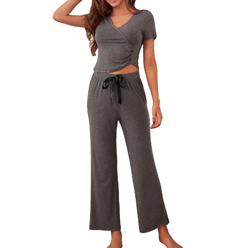 RH Pajamas Set Women Rib Crop Top Pants Pullover Lounge Pjs Set Pajama RHW4021 Front Pockets Side Pockets Patch Pockets