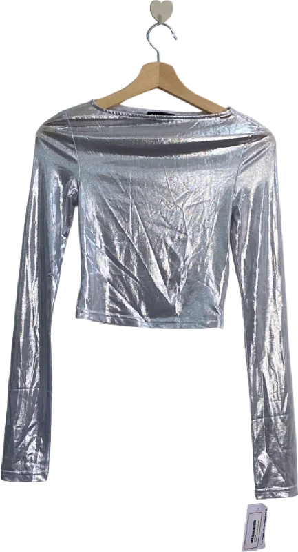 Babyboo Silver Metallic Long Sleeve Crop Top UK XS Graphic Embroidered Appliqued