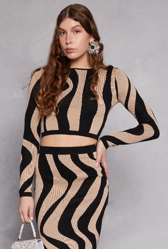 Abstract Striped Long Sleeve Crop Top Mesh Blend Leather Blend Suede Blend