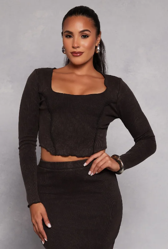 Madden Girl Rib Knit Lettuce Edge Crop Top Graphic Embroidered Appliqued
