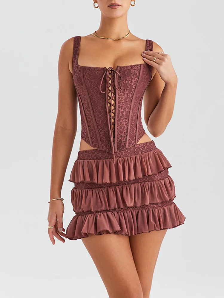 FashionSierra - Sexy Fashion Sleeveless Crop Top Mini Skirt Lace Dress Real Fur Shearling Chenille