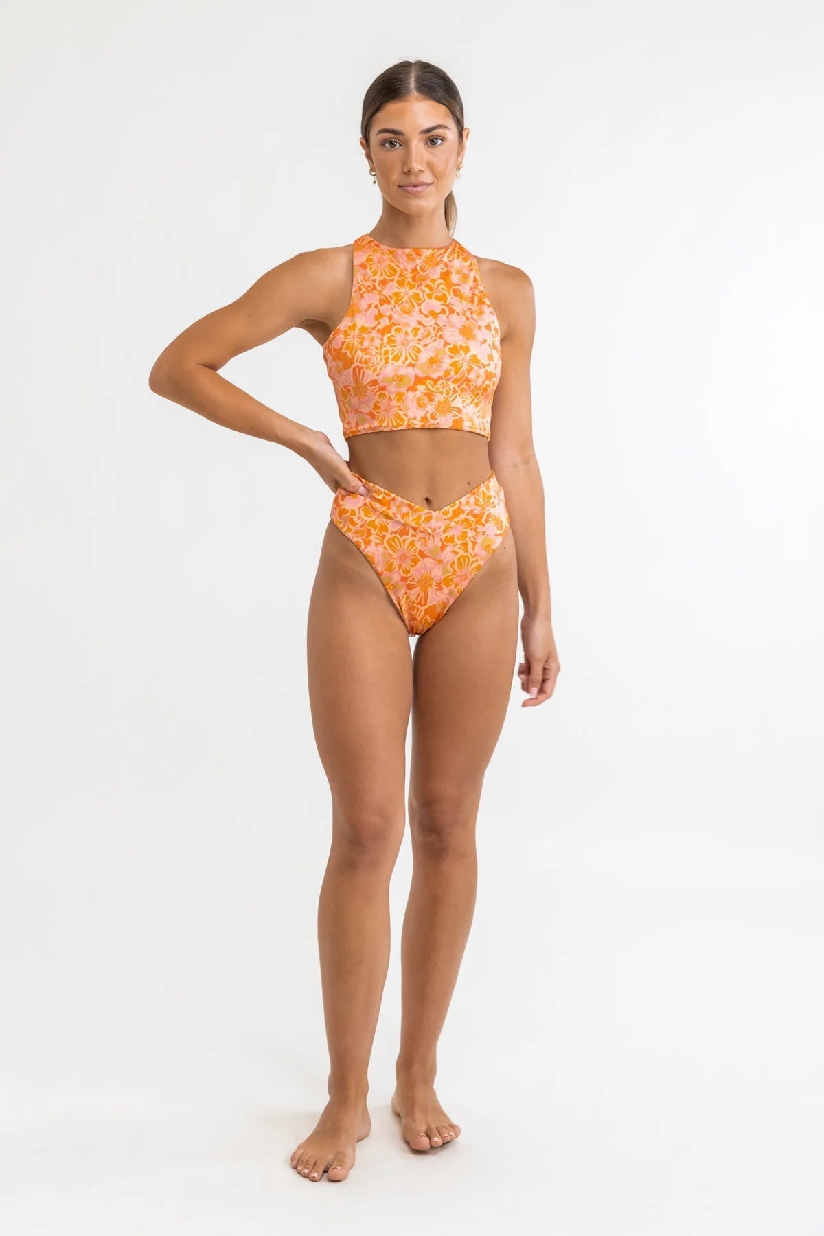 EVANGELINE FLORAL CROSS BACK CROP TOP Solid Print Embellished