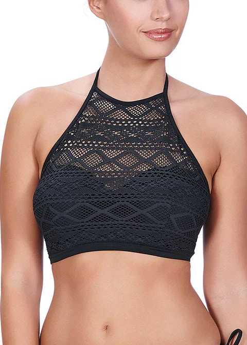 Freya Sundance Uw Padded Hi-neck Crop Top, Black Summer Crop Top Casual Short Sleeve