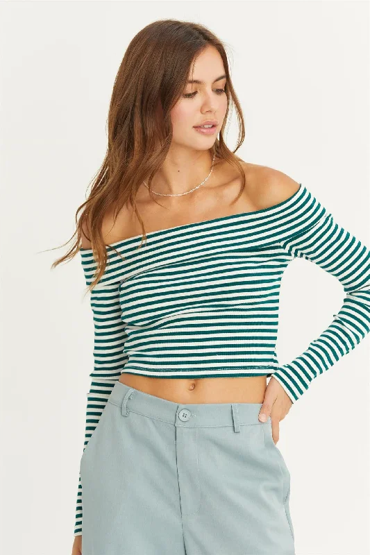 Green Striped Knit Off-The-Shoulder Crop Top Handmade Hand-knitted Hand-woven