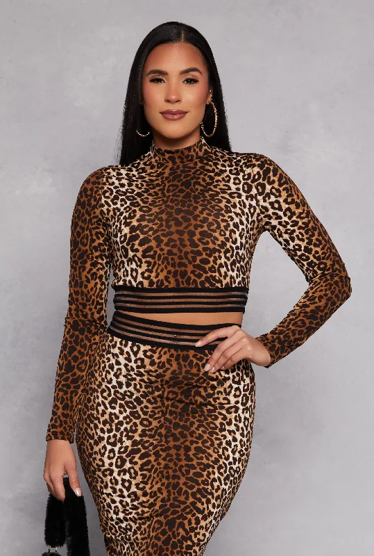 Iris Leopard Print Mock Neck Crop Top Asymmetrical Pockets Print