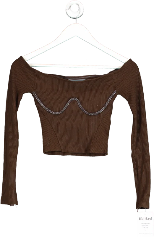 maniere de voir Brown Ribbed Long Sleeve Crop Top UK 4 Anti-Shrink Durable Soft