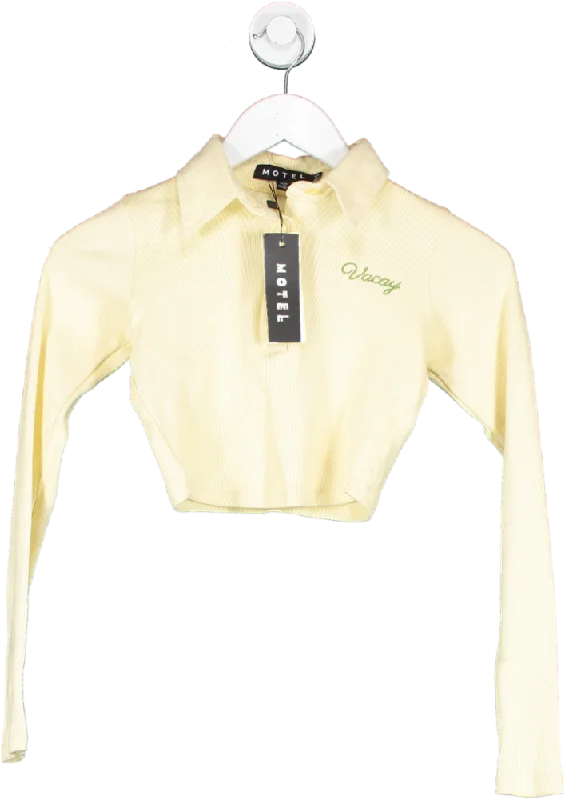 Motelrocks Yellow Elody Crop Top In Buttercream Vacay Embro UK XS Collared Crop Top Boat Neck A-Line