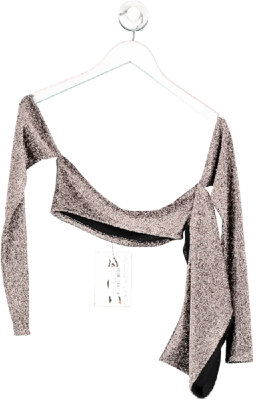 Naked Wardrobe Brown Off Shoulder Glitter Crop Top UK 10 Rayon Velvet Corduroy