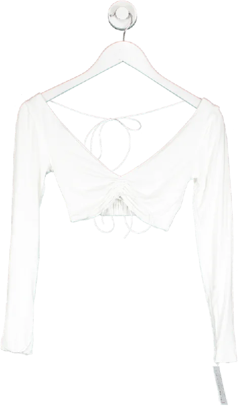Natalie Rolt White Ruched Front Long Sleeve Crop Top UK 6 Modern Contemporary Chic