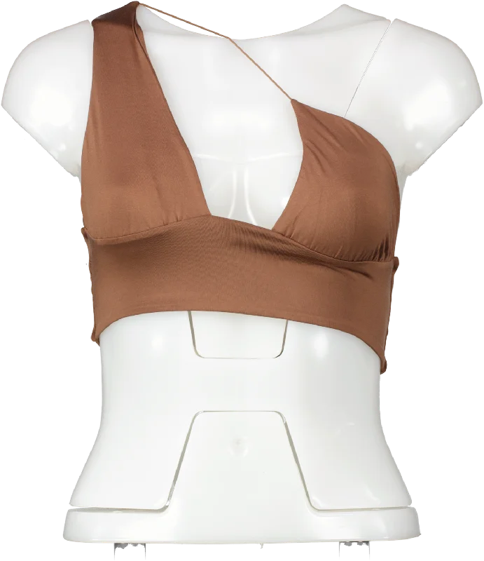 Oh Polly Brown One Shoulder Crop Top UK 8 Ribbed Crop Top High Neck Heavyweight