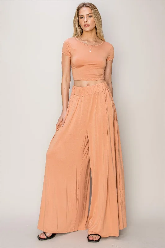 Orange Crop Top Wide Leg Pant Set Chenille Blend Fleece Blend Nylon Blend