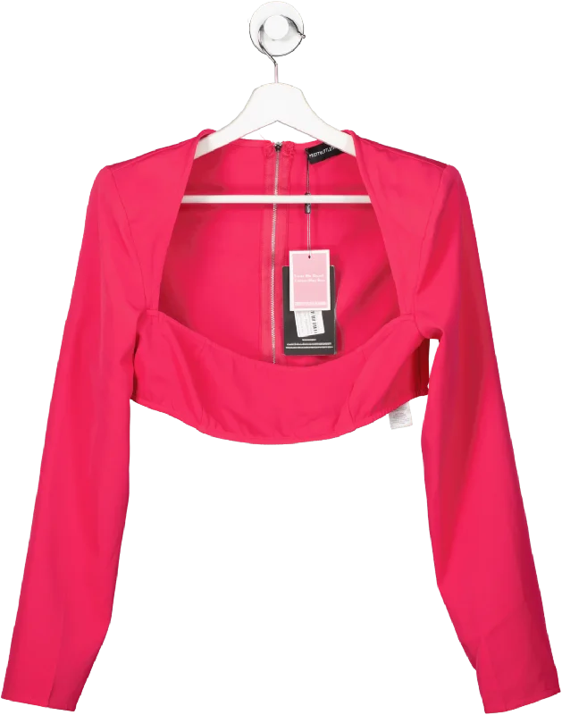 PrettyLittleThing Hot Pink Woven Shoulder Pad Detail Crop Top UK 14 Crop Top Seamless Stretchy