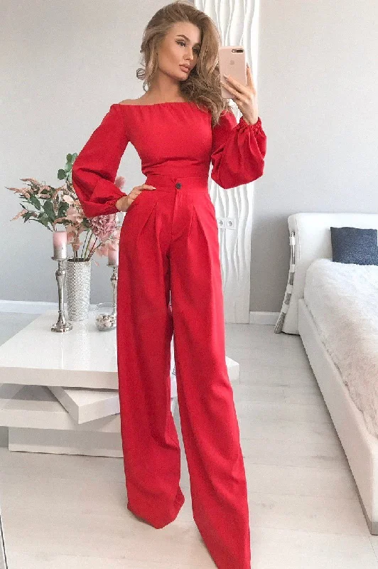 Red Off-the-shoulder Crop Top & High Waist Pants Rayon Velvet Corduroy