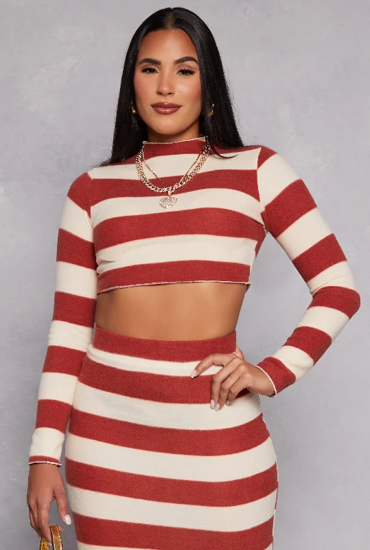 Brush Knit Striped Crop Top Beaded Sequined Faux Fur