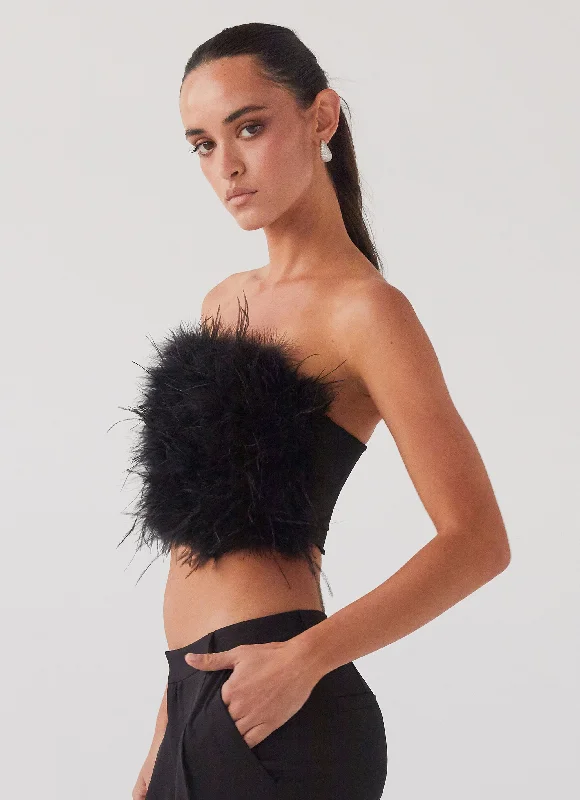 The Night Is Ours Feather Crop Top - Black Zippered Buttoned Snapped