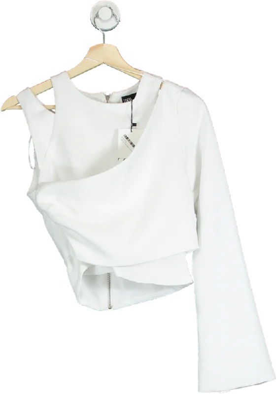 Zara White Asymmetric Crop Top UK S Chenille Blend Fleece Blend Nylon Blend